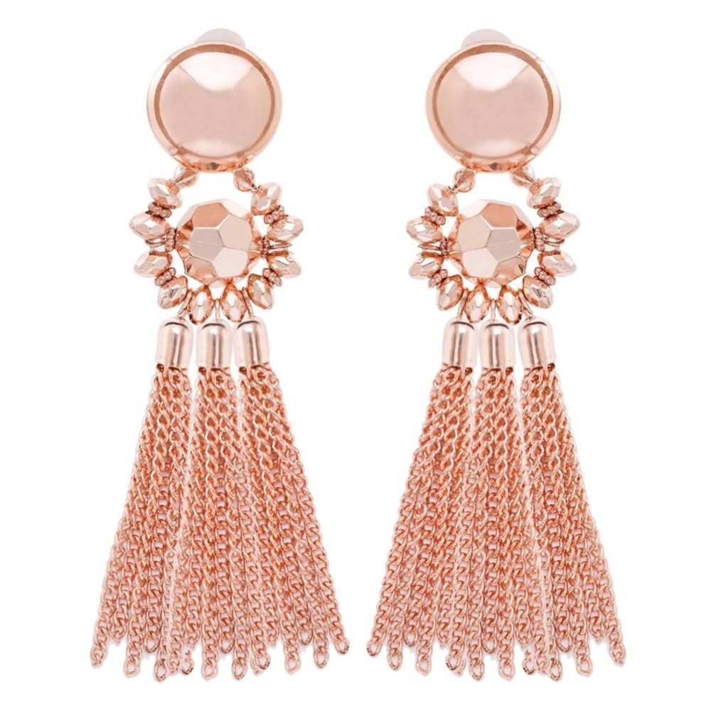 Long Rose Gold Boho Dangle Chain Tassel Chandelier Statement Clip On Earrings